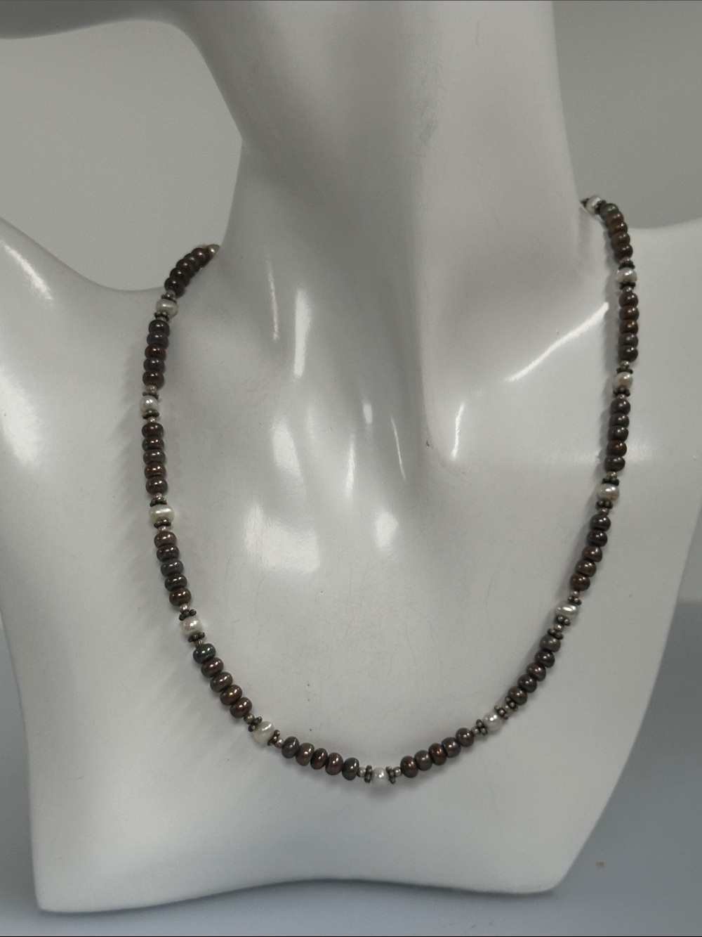 925 sterling silver Brown Pearl and Silver Bead Necklace